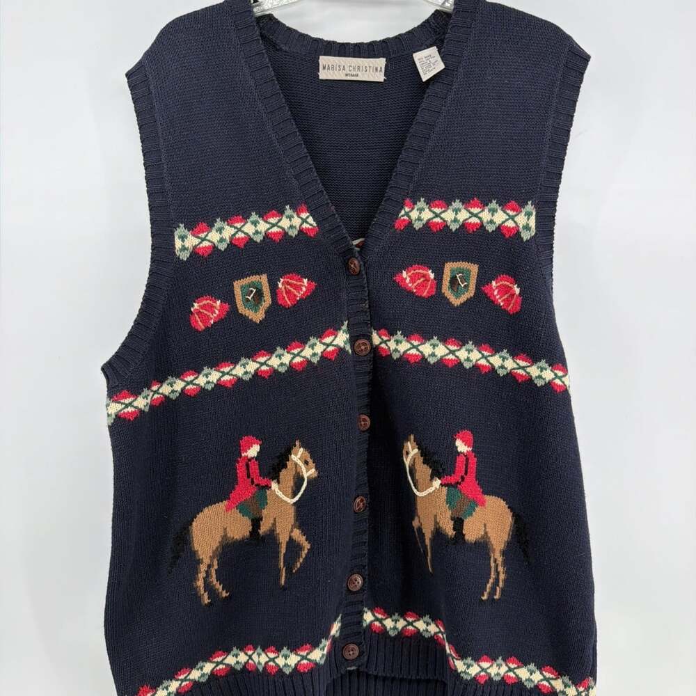 Marisa Christina Equestrian Sweater Vest Vintage Knit Navy NO SIZE TAG 2XL/3XL